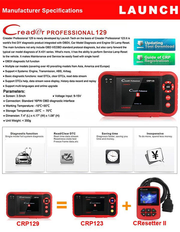 Original Launch CReader Professional 129 CRP129 Support 4 Systems Engine,Transmission,ABS,Airbag