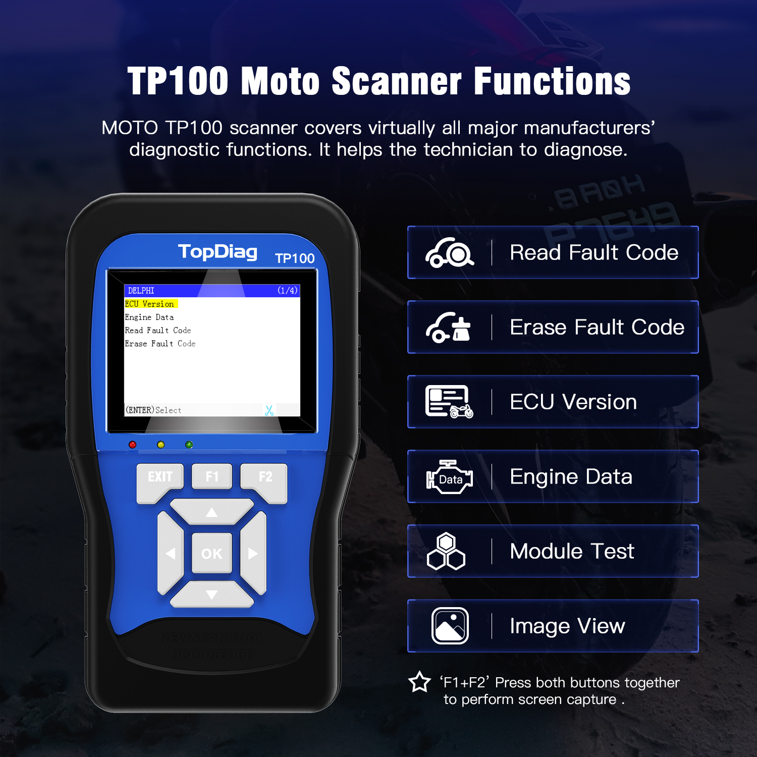 TopDiag TP100 Motorcycle OBD Auto Scanner Code Reader SYM,Honda,Yamaha,Suzuki,Kymco Kawasak,et