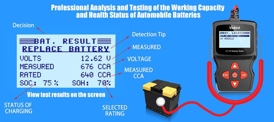 Vident iBT100 12V Battery Analyzer for Flooded, AGM,GEL 100-1100CCA Automotive Tester Diagnostic Tool