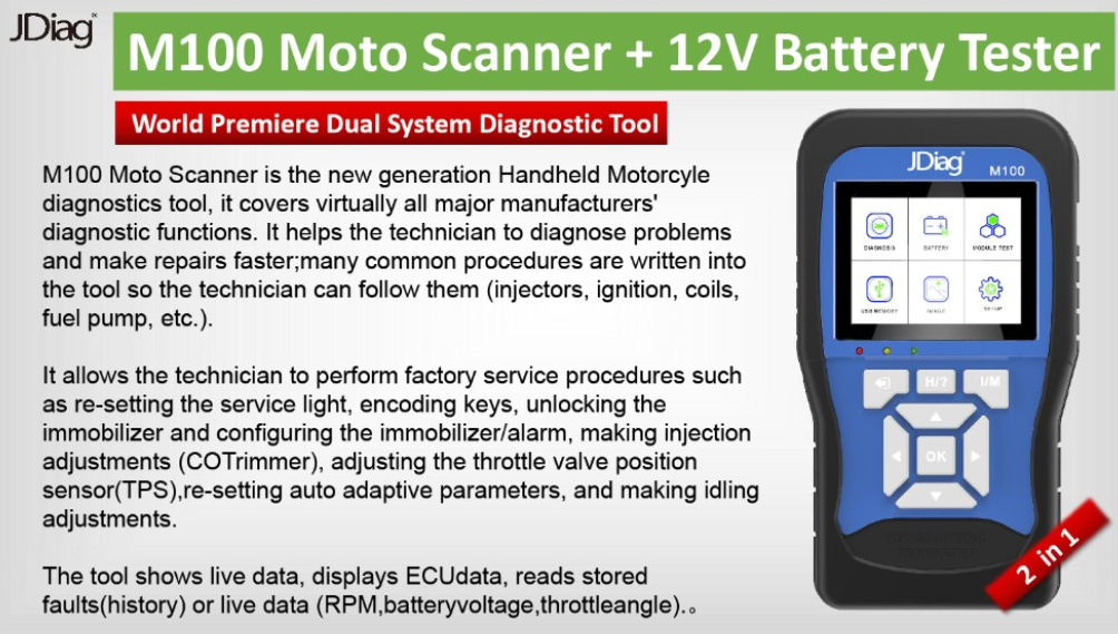 JDiag M100 Motorcycle Diagnostic Tool 12V Battery Tester Intelligent Dual System Moto Scan Tool