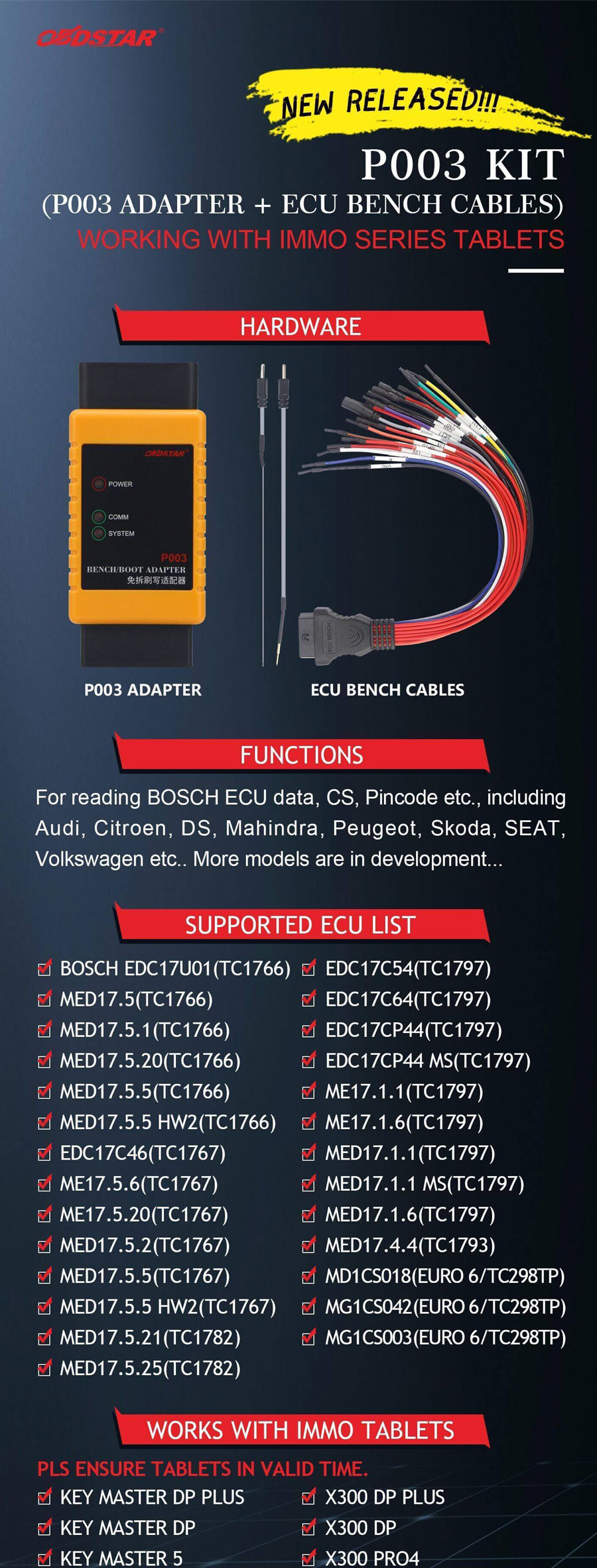 OBDSTAR P003 KIT P003 Adapter with ECU Bench Cables Working With OBDSTAR X300 DP/ X300 DP PLUS/ X300 PRO4/ Key Master DP