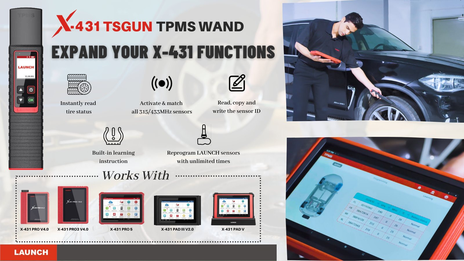 LAUNCH X431 TSGUN TPMS Car Tire Pressure Inspection Tool sensor activation reading learning programming work on X431 V/V+/PRO3S