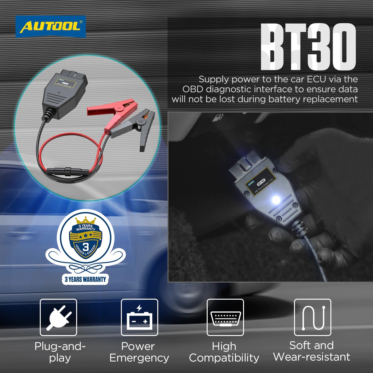AUTOOL BT30 Car OBD2 ECU Connector Battery Saver Auto ECU Memory Savers Automotive OBD 2 Emergency Electrical Plug Car Fuel Save