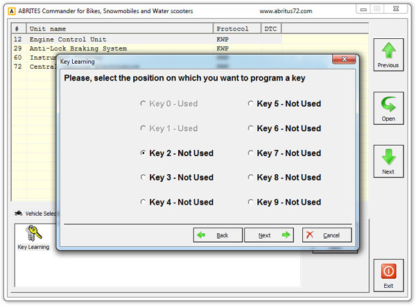 Fvdi abrites main screen bmw bike key programming display