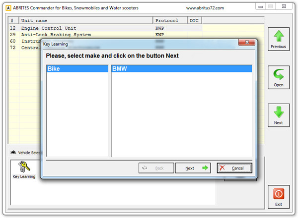 Fvdi abrites bmw bike key programming display