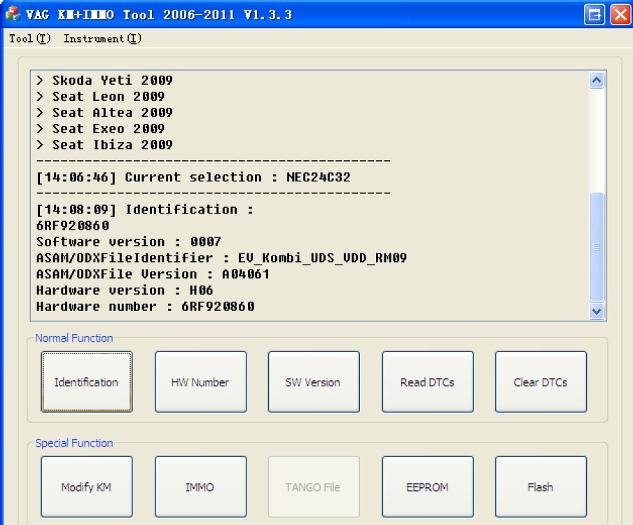 VAG KM+IMMO tool software display 2