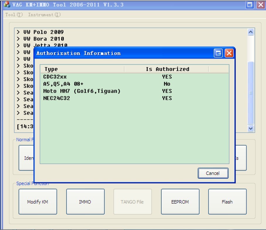 VAG KM+IMMO tool software display 8