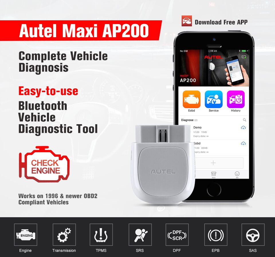 Autel MaxiAP AP200 Bluetooth OBD2 Code Reader with Full Systems Diagnoses AutoVIN TPMS IMMO Service for Family DIYers Simplified Edition of MK808