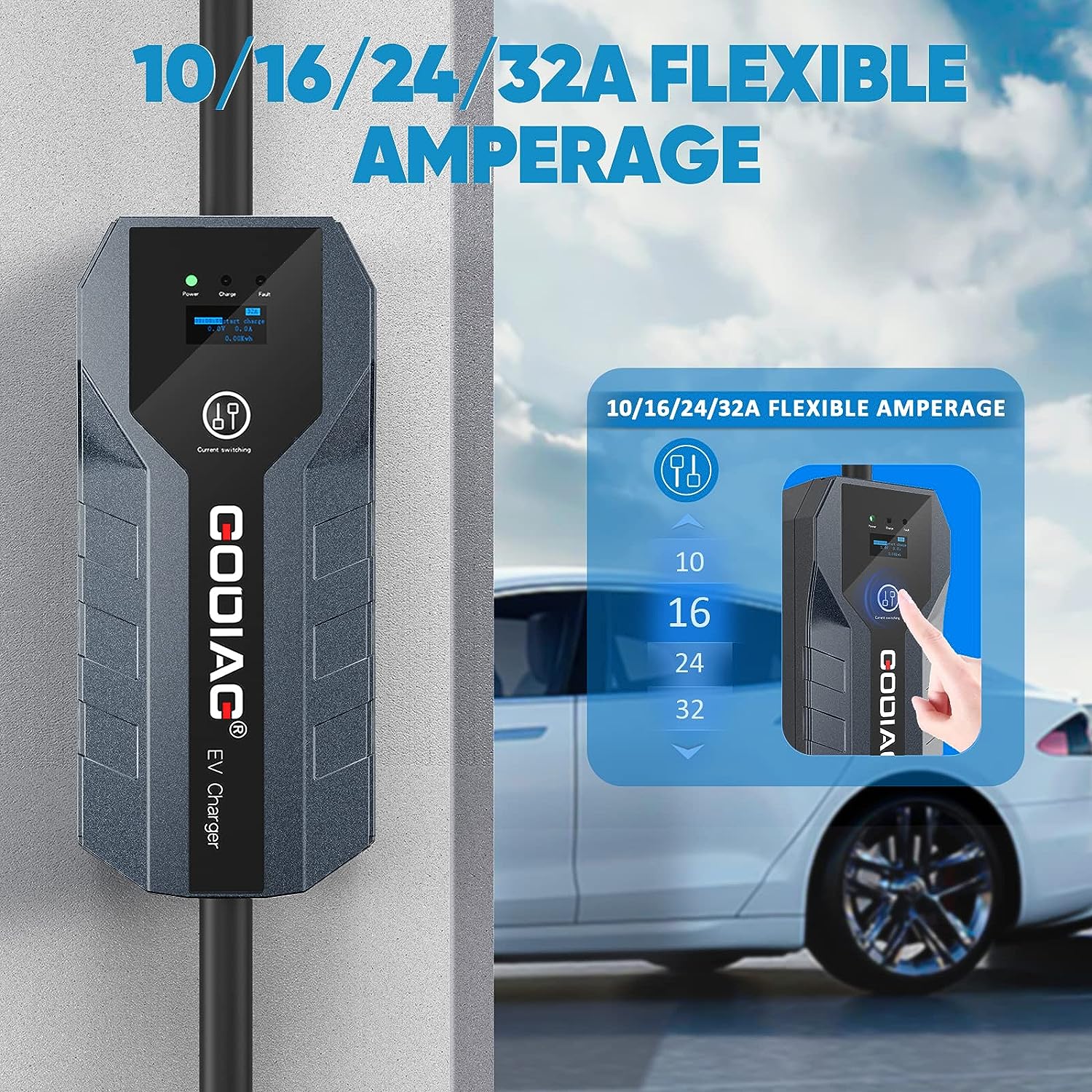 GODIAG Level 2 EV Charger 10/16/24/32A Adjustable for Home Level 2 J1772 EVs, PHEVs, Motorcycle EVs